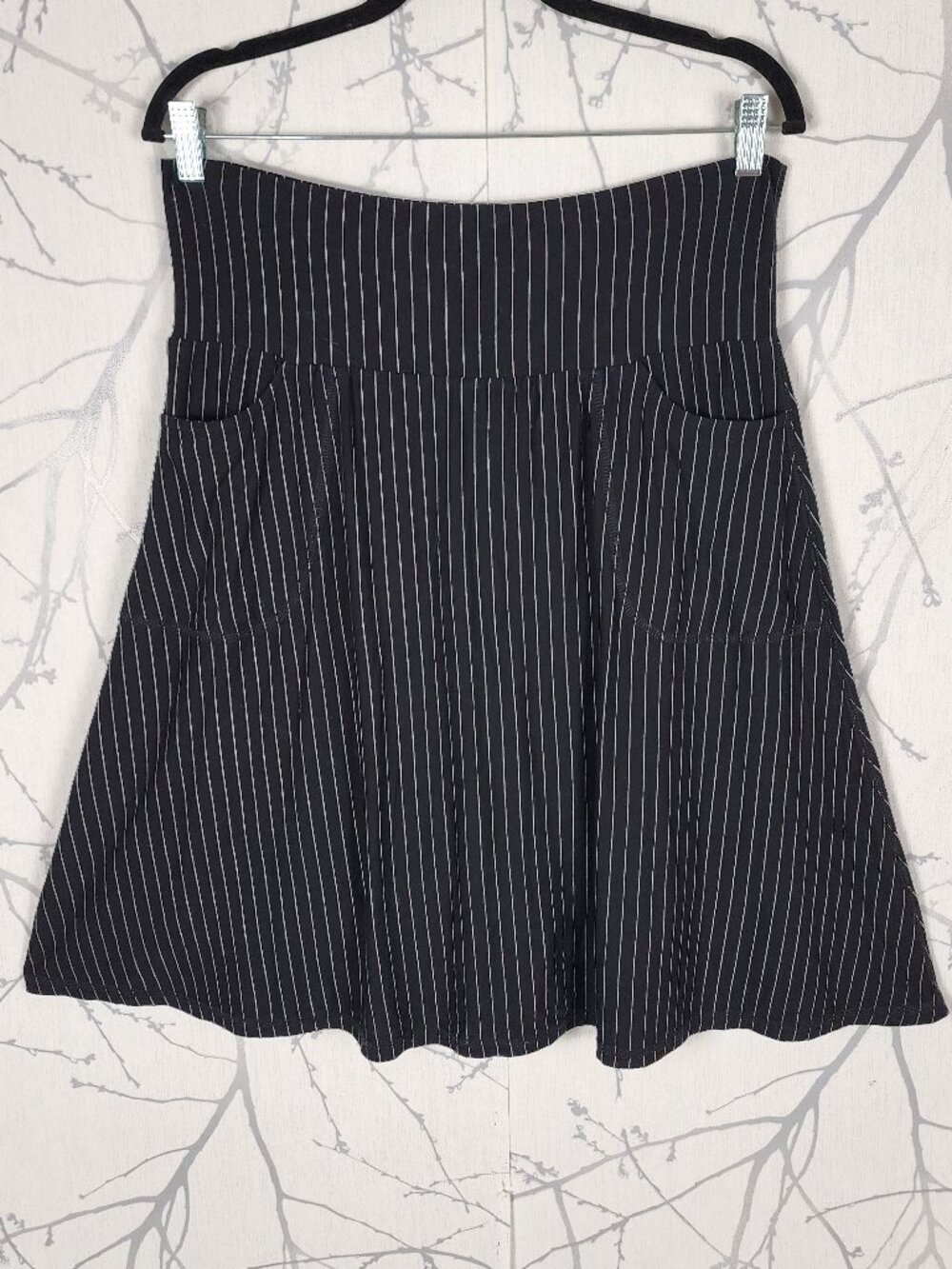 Blue Sky Black Pinstripe Bamboo Modal Jersey Knee Length Skirt